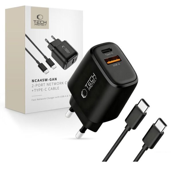 Tech-Protect NCA45W-Gan 2-Port Netwerk Oplader PD 45W / Qc3.0 + Type-C Kabel Zwart