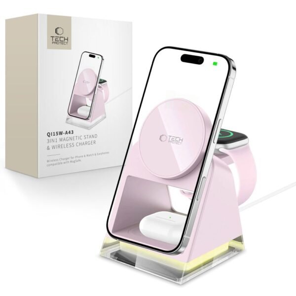 Tech-Protect QI15W-A43 3IN1 Magnetisch MagSafe Draadloze Oplader Baby Roze