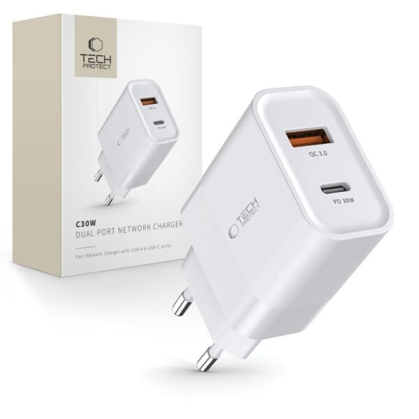 Tech-Protect C30W 2-Port Netwerk Oplader PD 30W / Qc3.0 Wit
