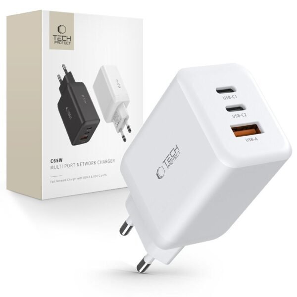 Tech-Protect C65W 3-Port Netwerk Oplader PD 65W / Qc3.0 Wit