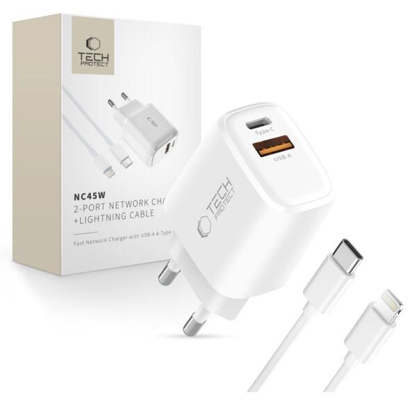 Tech-Protect NCA45W-Gan 2-Port Netwerk Oplader PD 45W / Qc3.0 + Lightning Kabel Wit