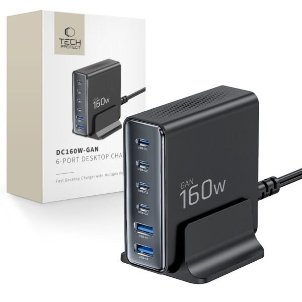 Tech-Protect DC160W-Gan 6-Port Desktop Oplader PD 160W / Qc3.0 Zwart