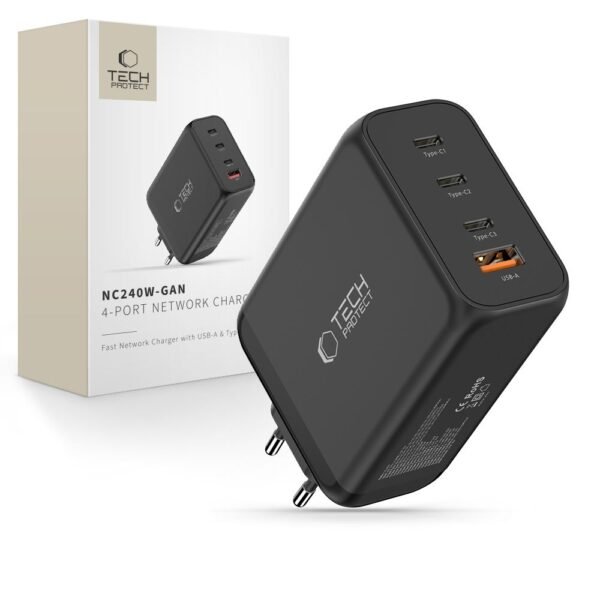Tech-Protect NC240W-Gan 4-Port Netwerk Oplader PD 240W / Qc3.0 Zwart