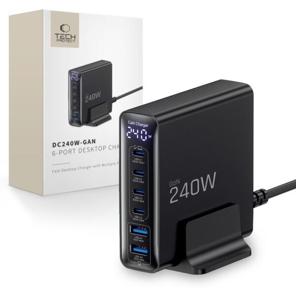 Tech-Protect DC240W-Gan 6-Port Desktop Oplader PD 240W / Qc3.0 Zwart