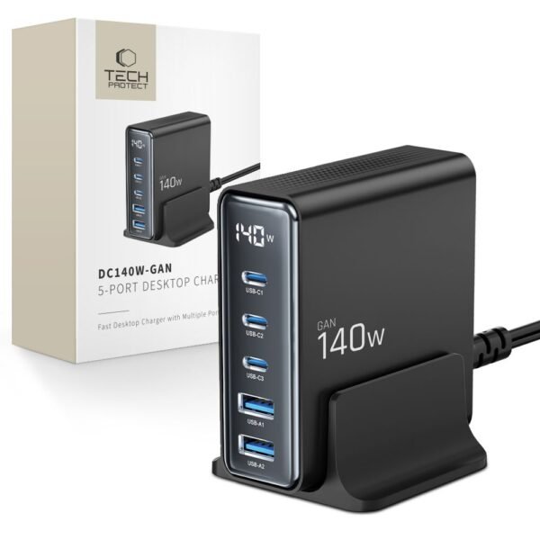 Tech-Protect DC140W-Gan 5-Port Desktop Oplader PD 140W / Qc3.0 Zwart
