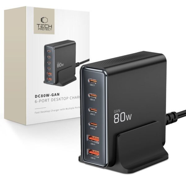 Tech-Protect DC80W-Gan 6-Port Desktop Oplader PD 80W / Qc3.0 Zwart