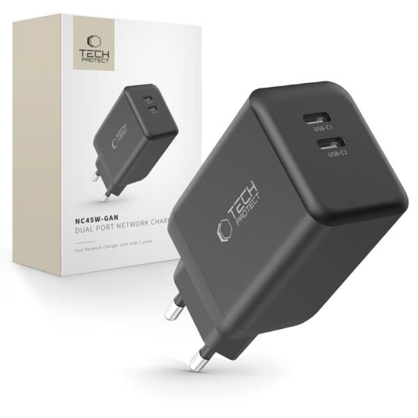 Tech-Protect NC45W-Gan 2-Port Netwerk Oplader PD 45W Zwart