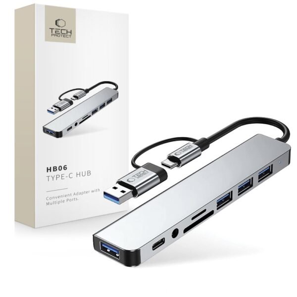 Tech-Protect HB06 Hub Adapter 8IN1 Type-C + USB2.0 + USB3.0 + Sd/Tf + Av3.5 Space Grijs