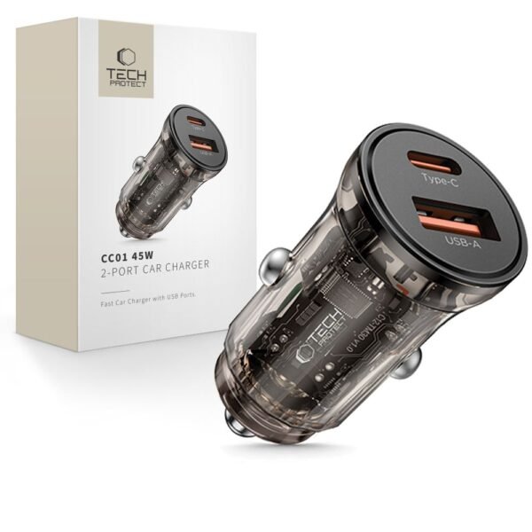 Tech-Protect CC01 2-Port Auto-oplader PD 45W / Qc3.0 Zwart