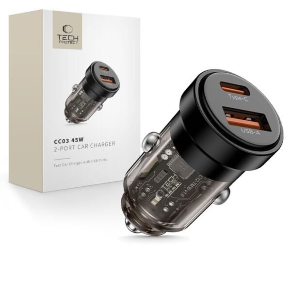 Tech-Protect CC03 2-Port Auto-oplader PD 45W / Qc3.0 Zwart