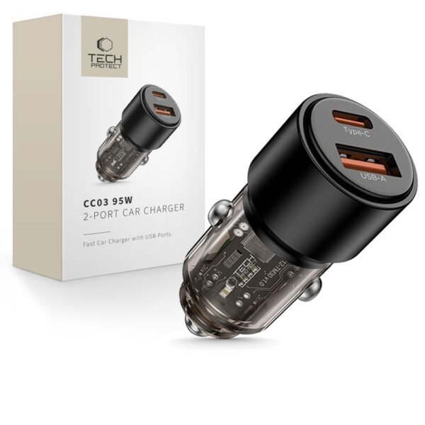 Tech-Protect CC03 2-Port Auto-oplader PD 95W / Qc3.0 Zwart