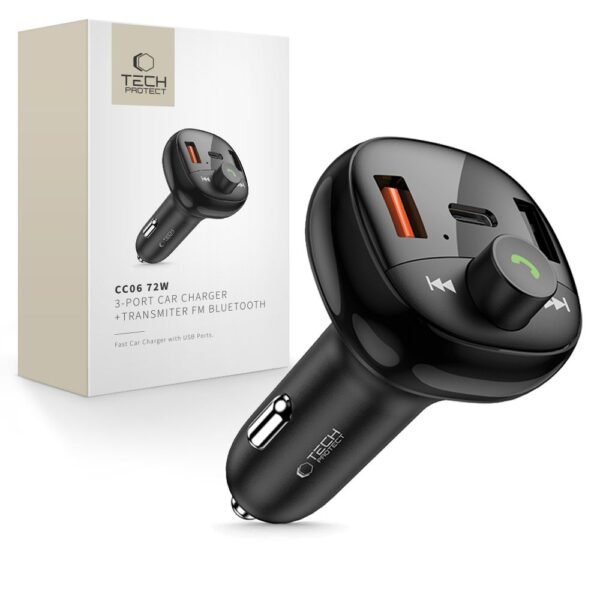 Tech-Protect CC06 3-Port Auto-oplader PD 72W + Transmiter Fm Bluetooth Zwart