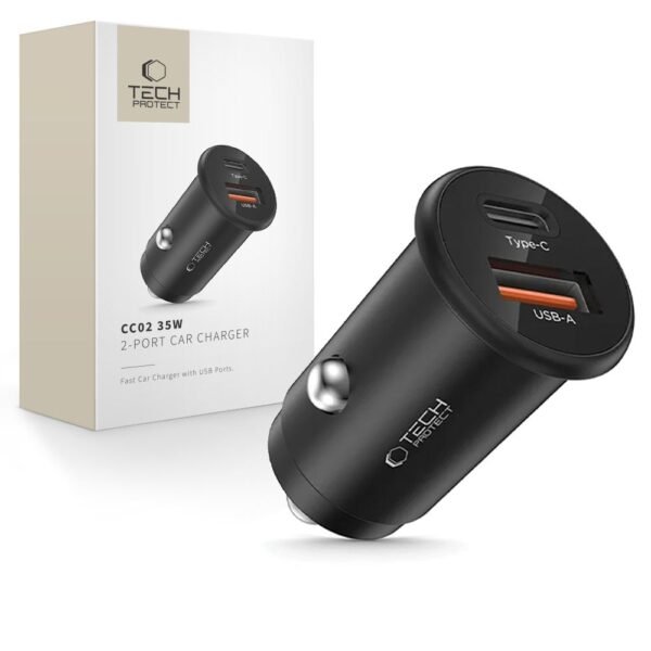 Tech-Protect CC02 2-Port Auto-oplader PD 35W / Qc3.0 Zwart