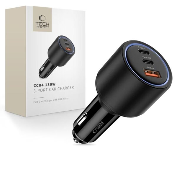 Tech-Protect CC04 3-Port Auto-oplader PD 130W Zwart