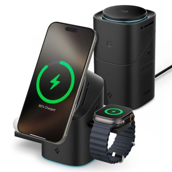 Spigen EF223MS Essential 3IN1 Rotary Magnetisch MagSafe Draadloze Oplader 15W QI2 Zwart