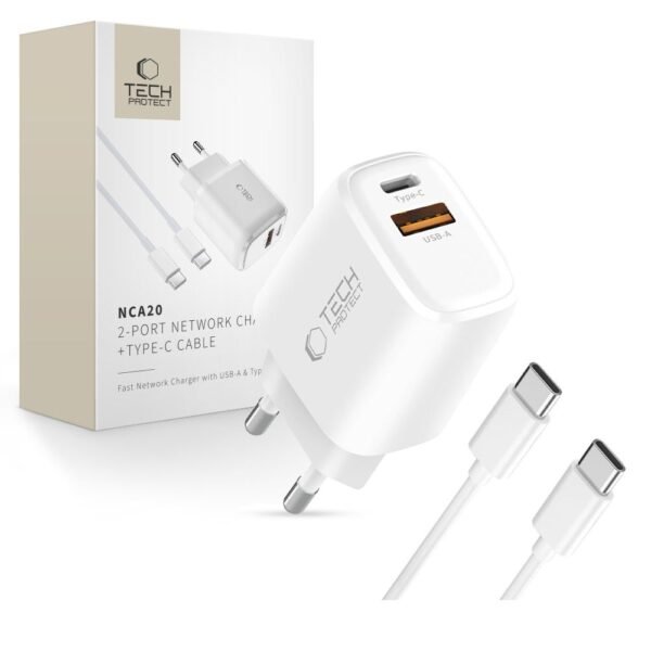 Tech-Protect NCA20 2-Port Netwerk Oplader PD 20W / Qc3.0 + Type-C Kabel Wit