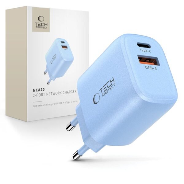 Tech-Protect NCA20 2-Port Netwerk Oplader PD 20W / Qc3.0 Baby Blauw