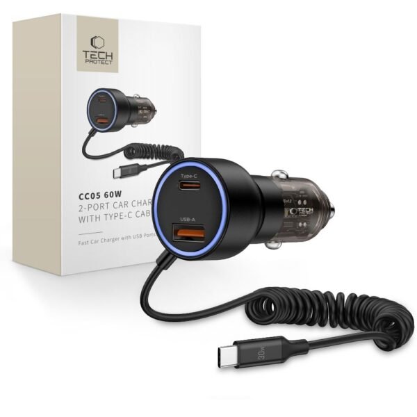 Tech-Protect CC05 2-Port Auto-oplader PD 60W + Kabel Zwart