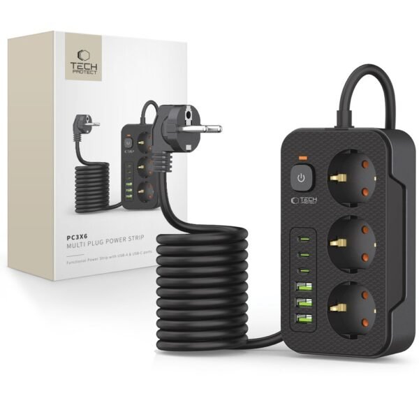 Tech-Protect PC3X6 Power Strip 3 USB & 3 Type-C & 3 Socket 200CM Zwart