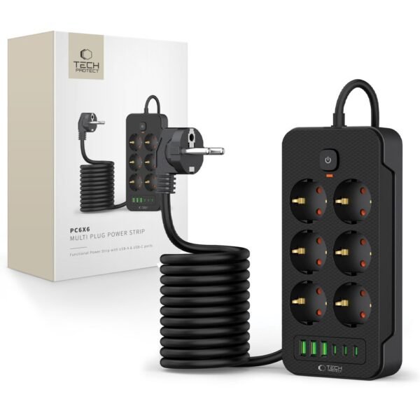 Tech-Protect PC6X6 Power Strip 3 USB & 3 Type-C & 6 Socket 200CM Zwart
