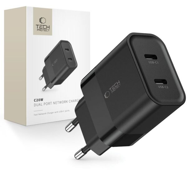 Tech-Protect C20W 2-Port Netwerk Oplader PD 20W Zwart