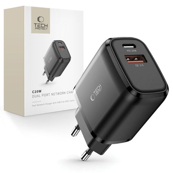 Tech-Protect C20W 2-Port Netwerk Oplader PD 20W / Qc3.0 Zwart