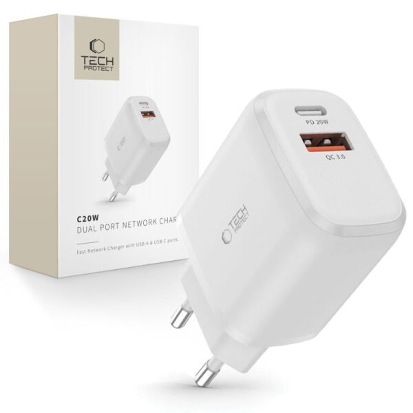 Tech-Protect C20W 2-Port Netwerk Oplader PD 20W / Qc3.0 Wit