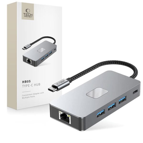 Tech-Protect HB05 Hub Adapter 9IN1 Type-C + USB2.0 + USB3.0 + HDMI 4K 60HZ + Sd/Tf + PD100W + RJ45 1000M Space Grijs