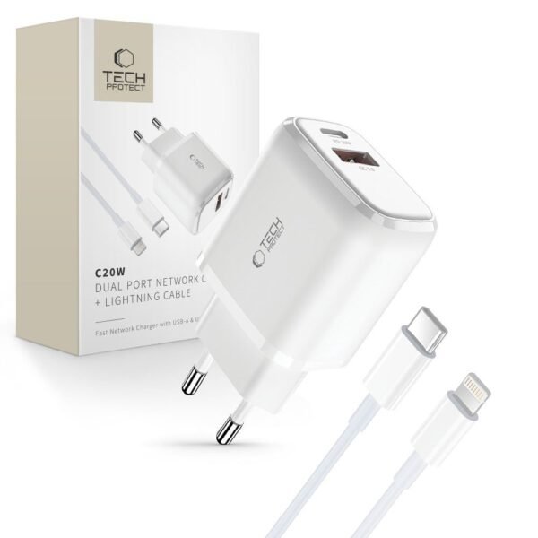 Tech-Protect C20W 2-Port Netwerk Oplader PD 20W / Qc3.0 + Lightning Kabel Wit