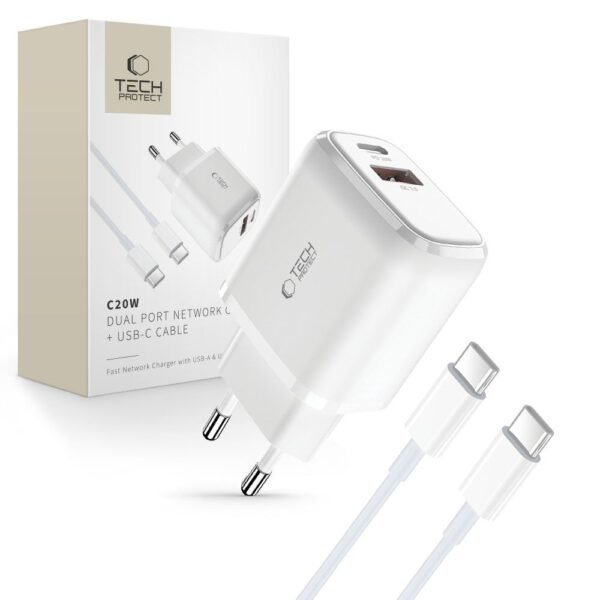 Tech-Protect C20W 2-Port Netwerk Oplader PD 20W / Qc3.0 + Type-C Kabel Wit