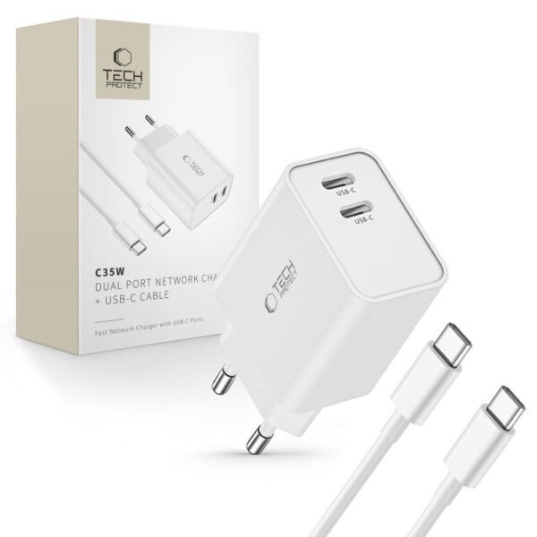 Tech-Protect C35W 2-Port Netwerk Oplader PD 35W + Type-C Kabel Wit