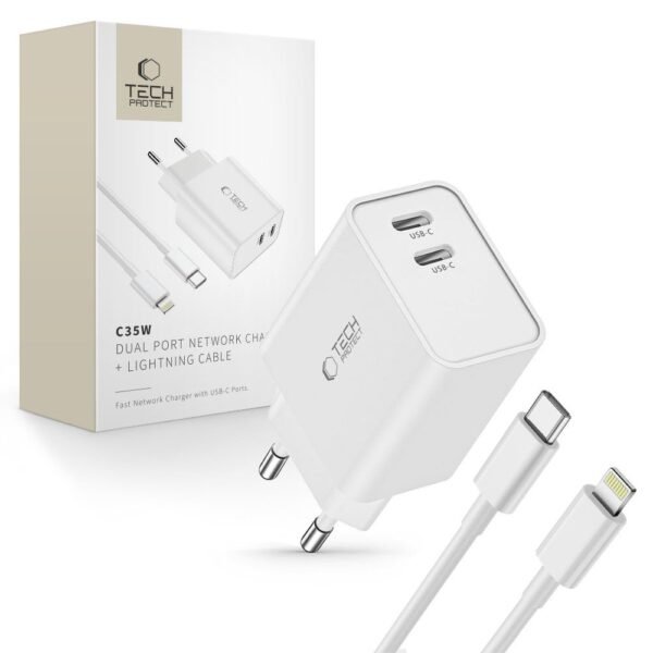 Tech-Protect C35W 2-Port Netwerk Oplader PD 35W + Lightning Kabel Wit