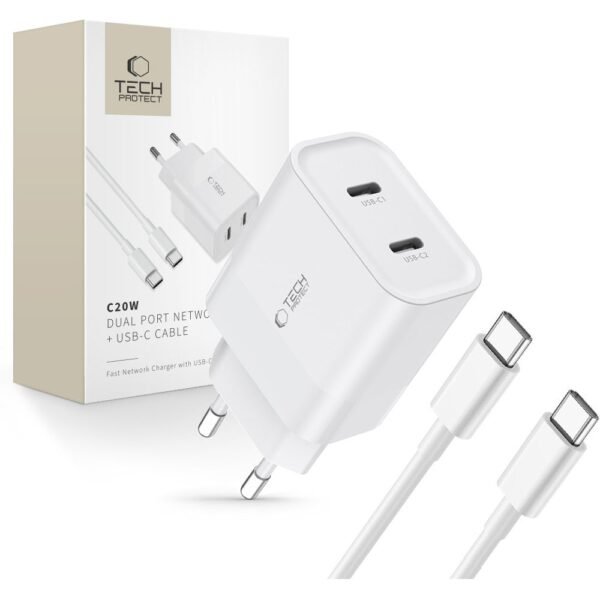 Tech-Protect C20W 2-Port Netwerk Oplader PD 20W + Type-C Kabel Wit