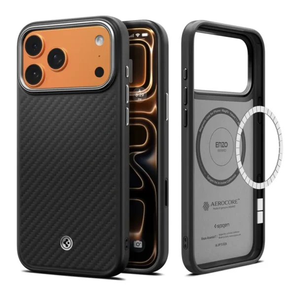 Spigen Enzo Aramid MagSafe Hoesje iPhone 17 Pro Zwart Zilver